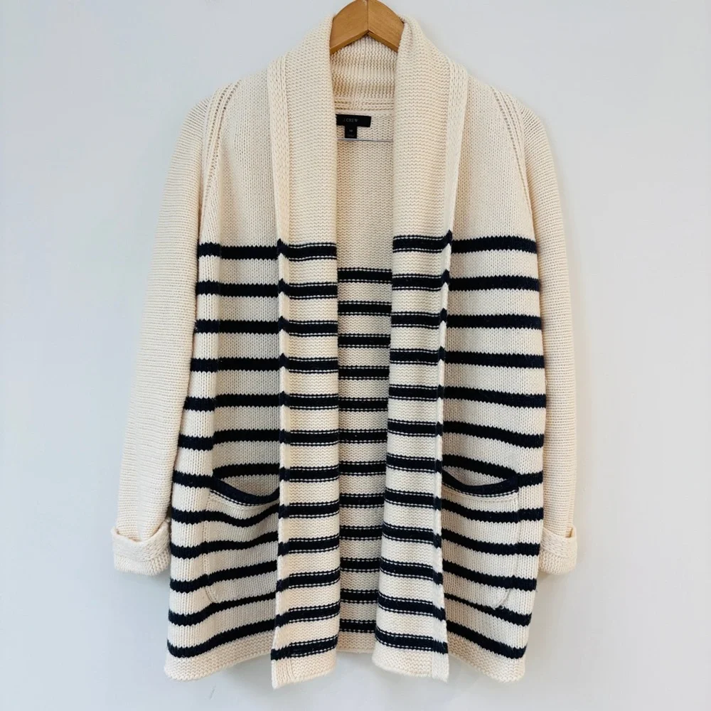 J. Crew Long Open Cardigan Sweater Navy Stripe Cotton Wool Blend Sz XS - Picture 2 of 12